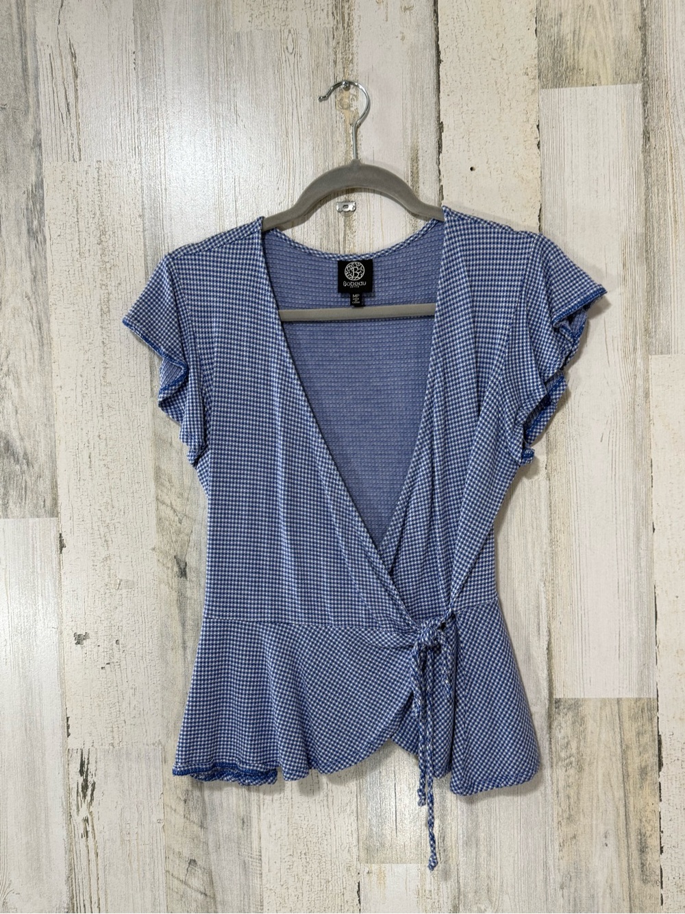 bobeau Blue Mini Gingham Wrap Blouse with Tie Waist